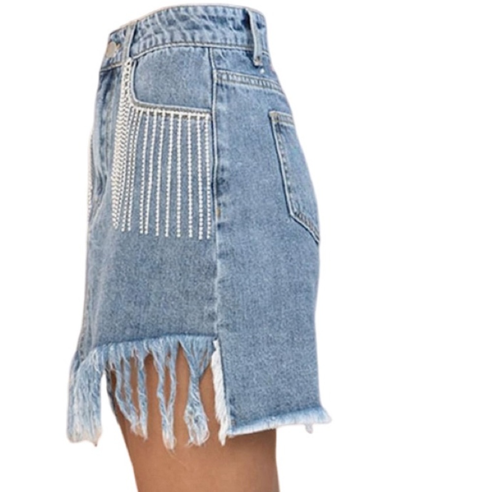 Blue Denim Mini Skirt with Fringe & Rhinestone Trim - Picture 3 of 7